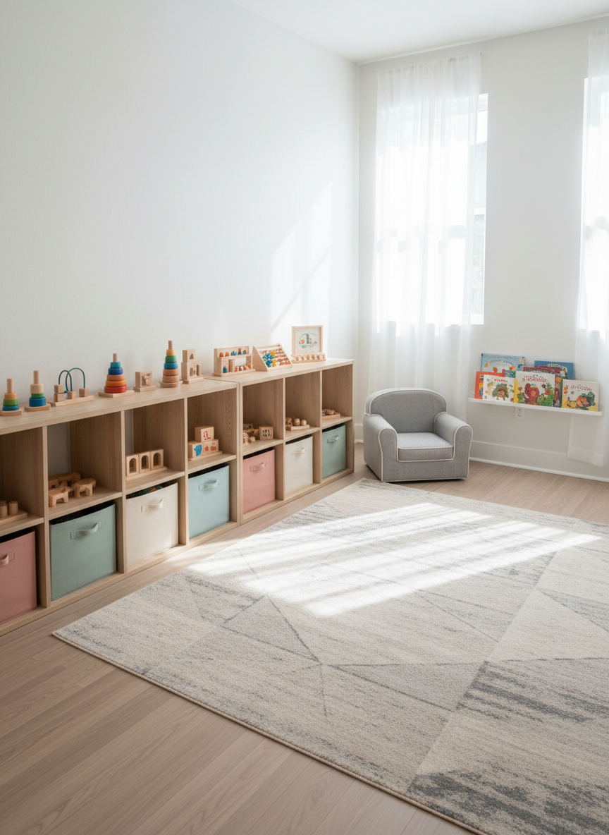 A meticulously organized home-based daycare learning room with low, light-wood shelving displaying neatly arranged educational toys, wooden puzzles, and cloth bins in muted pastel colors. A soft, neutral-toned area rug with simple geometric patterns anchors a small reading corner featuring a child-sized upholstered chair and a tidy row of hardcover picture books on a floating shelf. Natural daylight filters through sheer white curtains, creating soft, even illumination and gentle shadows along the walls. Photographed at eye level with sharp focus throughout, the composition emphasizes clean lines, open floor space, and a calm, structured environment. The mood is professional yet nurturing, with a photographic realism and corporate, minimalist aesthetic that communicates safety, order, and intentional early learning.